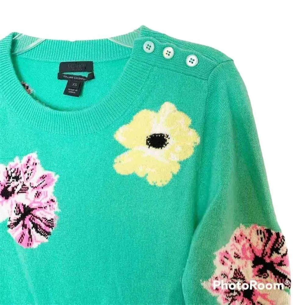 J. Crew Collection Italian Cashmere Green Floral Button Neck Sweater Women’s XS